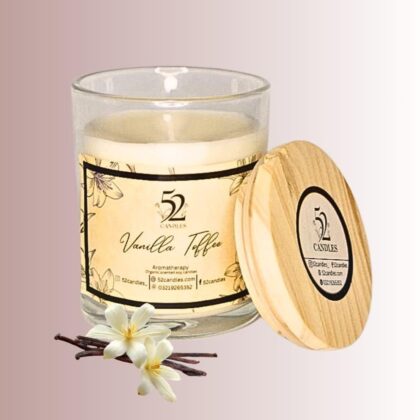 Vanilla toffee soy scented candle in glass jar with wooden lid