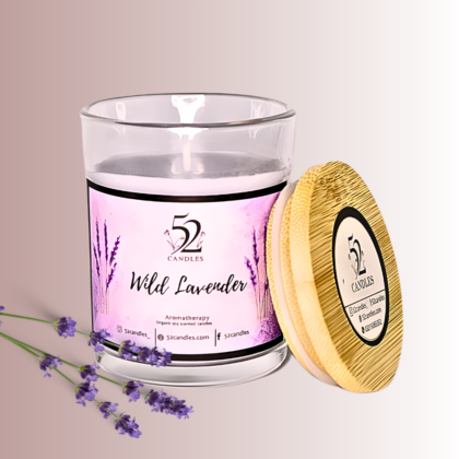 Luxury wild lavender soy wax scented candle by 52Candles in a premium purple glass jar with a natural wooden lid.